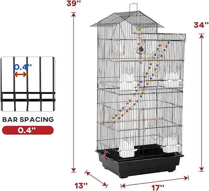 BestPet 39 inch Roof Top Large Flight Parrot Bird Cage Accessories Medium Roof Top Large Flight Cage Parakeet Cage for Small Cockatiel Canary Parakeet Sun Parakeet Pet Toy (Black)