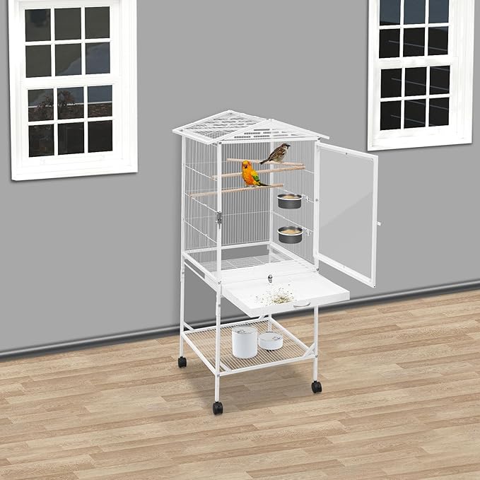 Large Bird Cage, Movable Pet Bird Flight Cage with Wheels(2 Brakes) Openable Top, Pull-Out Tray, Feeder Bowl, Panorama Bird Aviary 18x18x53.5in for Cockatiel Budgerigar Lovebird(White Style3)