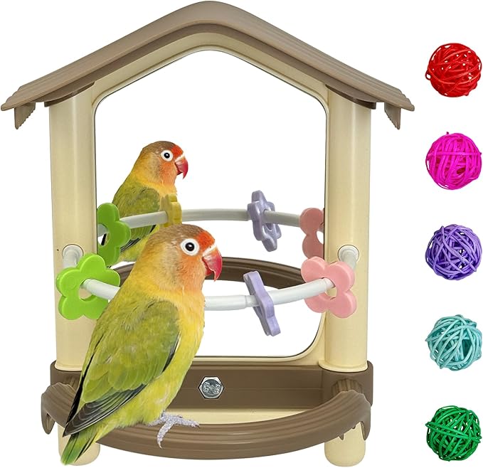 kathson Bird Mirror with Plastic Perch and 5PCS Colorful Rattan Balls Parakeet Hanging Swing with Mirror Interactive Toy Bird Cage Accessories for Cockatiel Parrot Conures Cockatoo Finch(Brown)