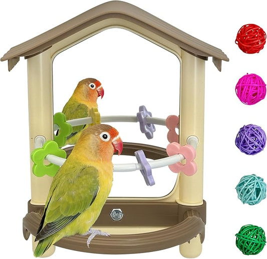 kathson Bird Mirror with Plastic Perch and 5PCS Colorful Rattan Balls Parakeet Hanging Swing with Mirror Interactive Toy Bird Cage Accessories for Cockatiel Parrot Conures Cockatoo Finch(Brown)