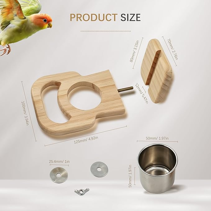 Bird Feeding Cup with Platform, Hanging Stainless Steel Parrot Feeding Bowl, Wooden Perch Stand, Bird Cage Food and Water Feeder for Parakeets, Cockatiels and Lovebirds