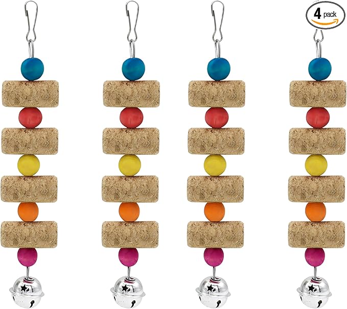 4Pcs Bird Chewing Toy, Parrot Cork Gnawing Skewers With Bell, Hanging Colorful Wooden Bead Cockatiels Beak Trimming for Birdcage (Four Packs-Bell Parrot Toy)