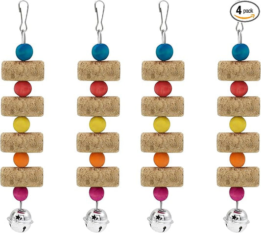 4Pcs Bird Chewing Toy, Parrot Cork Gnawing Skewers With Bell, Hanging Colorful Wooden Bead Cockatiels Beak Trimming for Birdcage (Four Packs-Bell Parrot Toy)