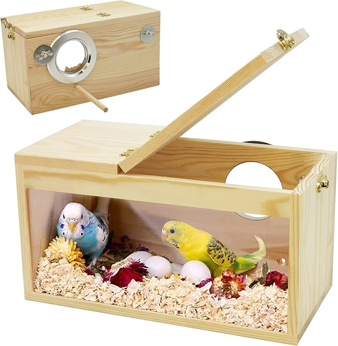 Fhiny Parakeet Nesting Box, Wooden Bird Breeding Box for Cage with Perch Transparent Acrylic Parakeet Nest for Lovebirds Budgies Conures Finches Small and Medium - Sized Birds (Medium)