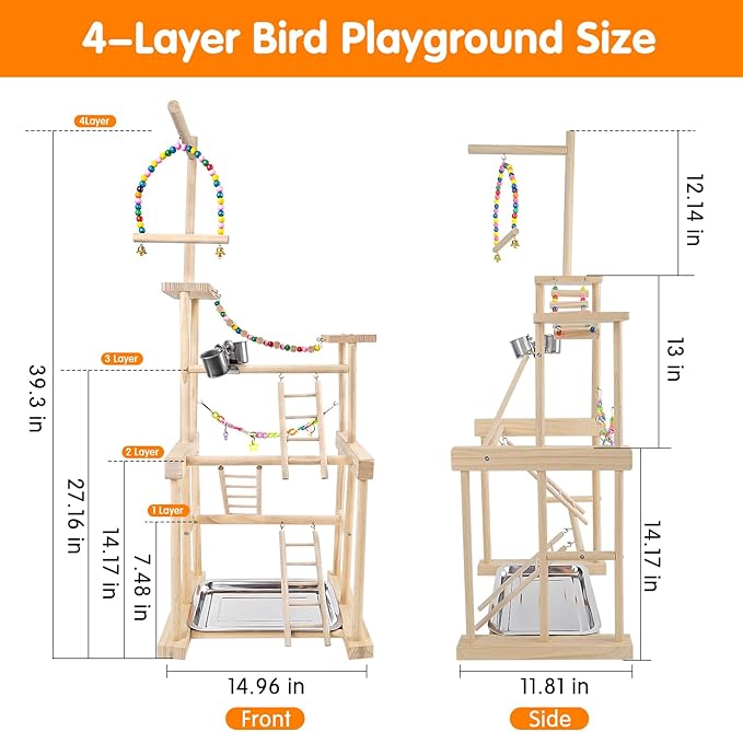 Bird Playground 4 Tier, Parrot Perch Stand Bird Play Stand with Feeder Cups, Ladder, Chain Toy, Swing and Detachable Tray, Parrot Playground for Parakeet Conure Cockatiel Lovebird Budgie