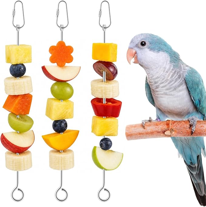 Pawfly 3 Pcs Stainless Steel Parrot Fruit Vegetable Skewer, 10 Inch/26 cm Hanging Bird Cage Food Holder with Hook, Bird Cage Feeder for Vegetable & Fruit, Bird Treat Skewer, Foraging Toy for Parakeets