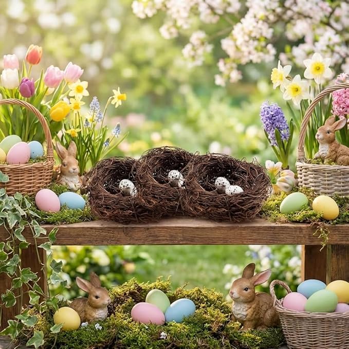 Whaline 3 Set Easter Bird Nest Decoration Kit with 6 Artificial Egg Foam Eggs Ornaments Rattan Woven Birds Nest for Crafts Home Spring Party Decor