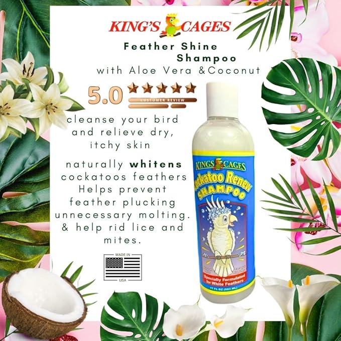 King's Cages Pk2 Cockatoo Renew Shampoo 17 oz with Aloe Vera and Coconut Fragrance, Naturally Whitens Feathers, Deodorizes, and Relieves Dry Itchy Skin for Cockatoos, Parrots, and Pet Birds