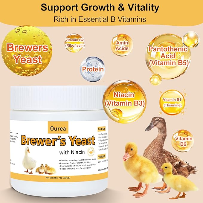 Brewer’s Yeast for Ducks with Niacin, Duck Vitamin B Complex Supplement to Supports Immunity Molt Recovery Severe Stress, Growth & Digestion, Niacin-Rich Powder for Healthy Legs Bones 7oz