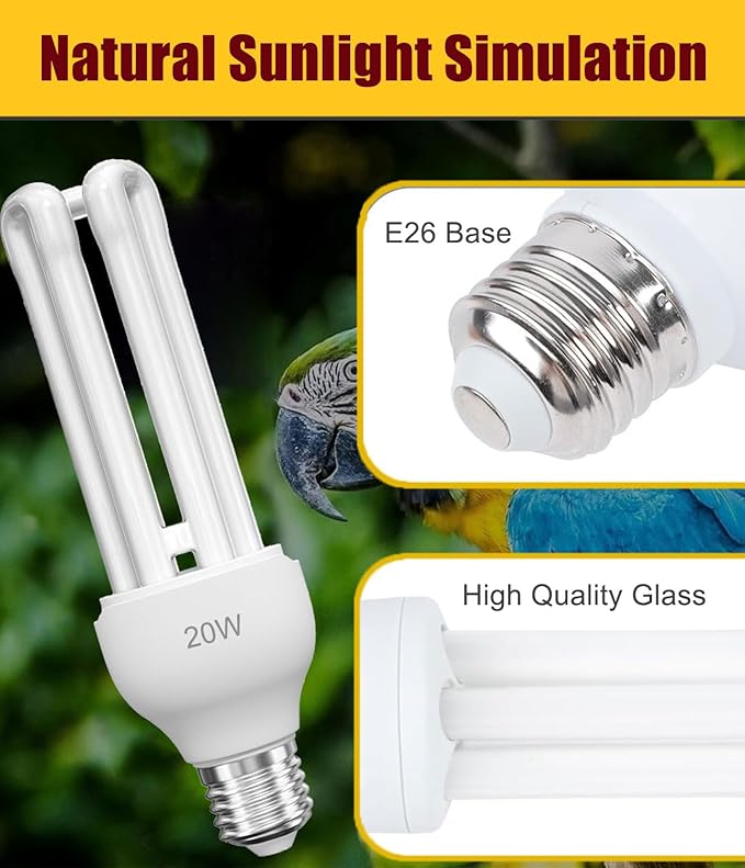 KINGYEENUO 2 Pack E26 UVA UVB Light Bulb for Birds 2.4 UVB 20W Compact Flourescent Lamp for All Kinds Captive Birds, Natural Sunlight Simulation Bird Parrot Light Bulb