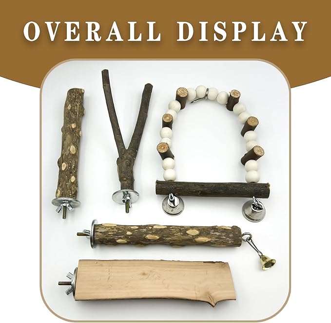 5Pcs Natural Wooden Bird Perch Set – Parrot Perch Toys, Bird Cage Perches, Cage Accessories for Budgies, Cockatiels, Lovebirds, Finches, and Other Small to Medium Birds