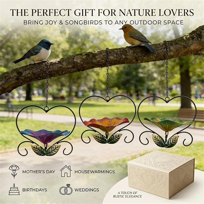 Heart-Shaped Wrought Iron Flower Bird Feeder, Signals Heart Shaped Bird Feeder Stake-Outdoor Garden Patio Decoration for Cardinals, Finches, Parrots & Wild Birds, for Patio Watching (Red)
