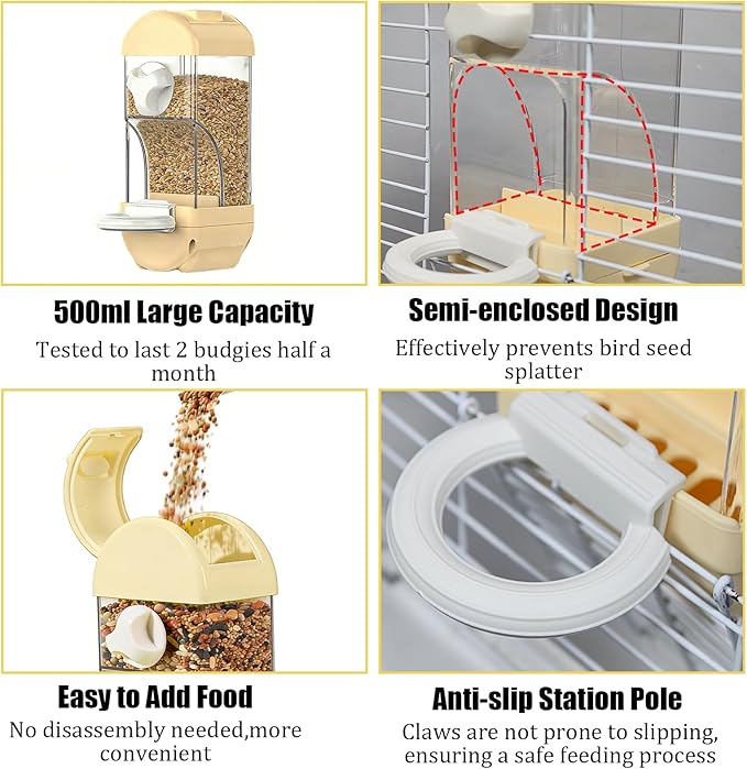 Automatic Bird Feeder Waterer Kit Bird Cage Hanging Waterer Parakeet Leak-Proof Feeder Parrot Vegetable Clips Cage Accessories for Budgies Lovebirds Finches Canaries Parrotlets Conures (Yellow)