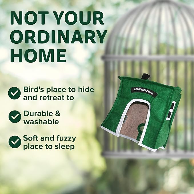 Crazy K Farm- Avian Haven Bird Hut, Comfy Bird Snuggle Hut, Plush Pet Bird Hut for Sleeping and Snuggling, Hanging Bird Cage Hut with Sherpa, Cozy Bird Cage Accessories Extra Small, Green