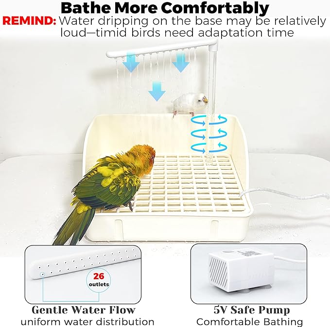 Automatic Parakeet Bird Bath with Pump, Large Bird Shower Fountain Indoor Bathtub with Running Water, Parrot Bath Tub Faucet for Pet Birds, African Grey, Cockatiel, Conure, Budgie, Lovebird