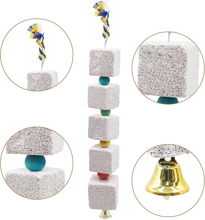 2 Pack Mineral Block Chew Toys with Colorful Beads and a Bell, Bird Beak Grinding Stone, Cage Accessories for African Grey, Budgies, Cockatiels, Small to Medium Birds
