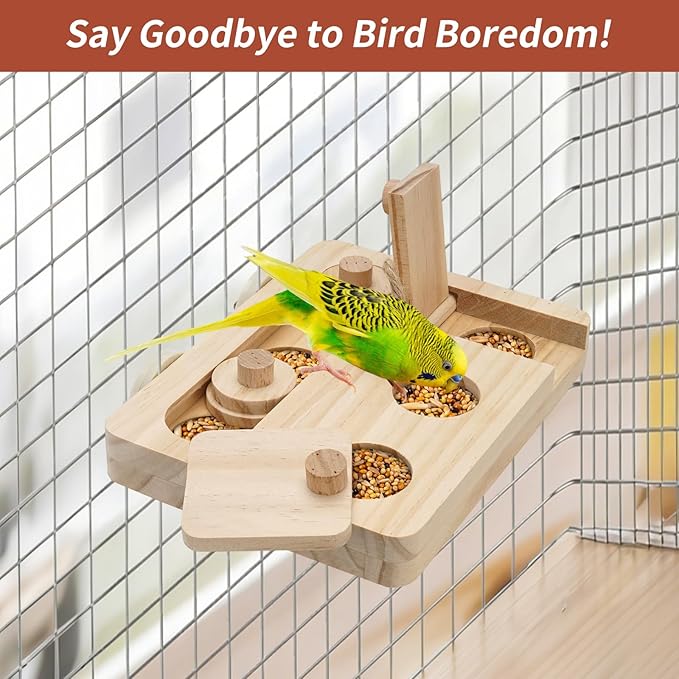 Wooden Bird Foraging Puzzle Toys for Small Parrots, Foraging Toys for Birds, Interactive Mental Enrichment and Seed Feeder Toy for Budgies, Parrotlets, Cage Foraging Training Toy (7.2" x 5.4" x 1.3")
