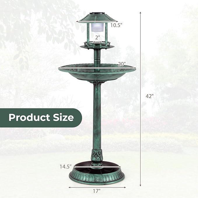 Giantex 42 inch Bird Bath Solar Lighted, Pedestal Bird Bath with Bird Feeder, Flower Planter Base, Solar Powered Lamp, 3 Ground Stakes, Standing Birdbath for Outside Garden Yard Outdoor (Green)
