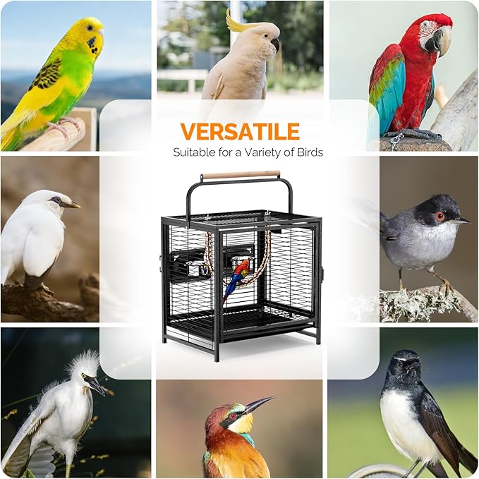 VINGLI Small Bird Cage, 25 inch Travel Carrier Bird Cage with Handle, Wrought Iron Parakeet Cage with Wooden Perch for Parrot Lovebirds Finches Small/Medium Birds (Hammertone Black)