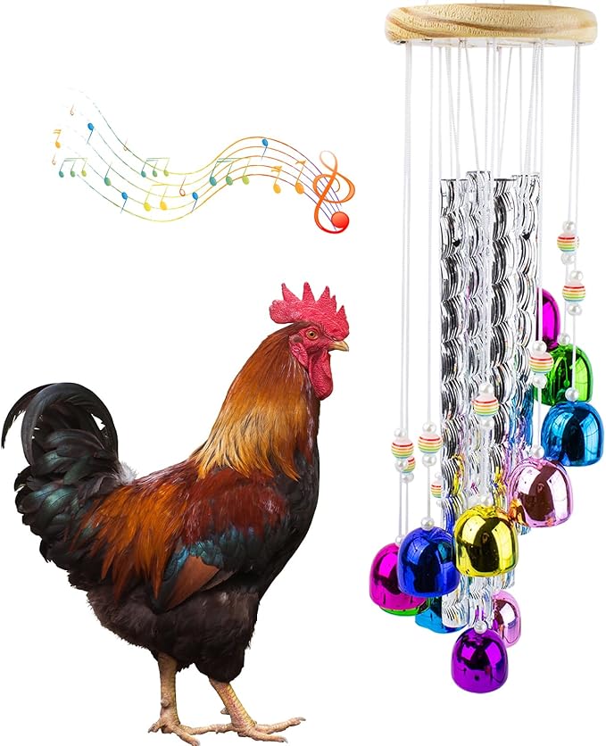 Chicken Toys for Coop, Chicken Wind Chime Enrichment Toys, Hanging Chick Peck Toy with 4 Aluminum Tubes 11 Bells, Chick Musical Coop Accessories