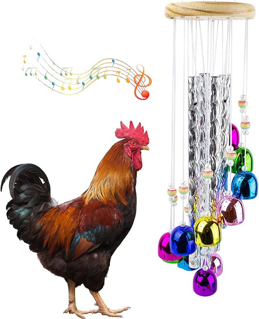 Chicken Toys for Coop, Chicken Wind Chime Enrichment Toys, Hanging Chick Peck Toy with 4 Aluminum Tubes 11 Bells, Chick Musical Coop Accessories