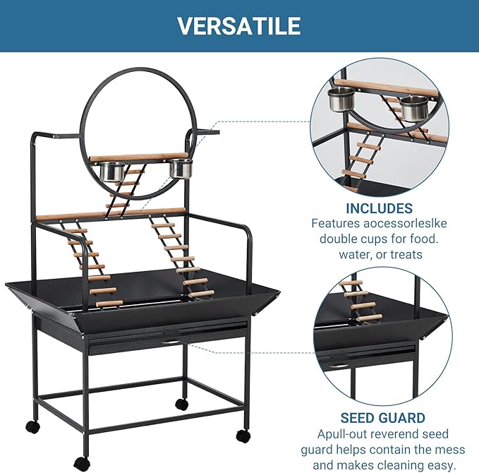 Bird Playstand, 66 in H Inch Birdcage Stand Activity Play Center with Perches and Ladders, Removable Tray, Indoor Outdoor Playground for Parakeet, Cockatiels Conures Parrots, Lockable Caster, Black
