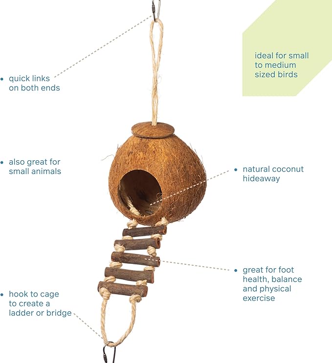Prevue Pet Products Naturals Coco Hideaway with Ladder - Bird Toy for Parrots, Conures, Cockatiels, Budgies, and Small to Medium Birds, Cage Accessory for Climbing, Resting, and Beak Exercise