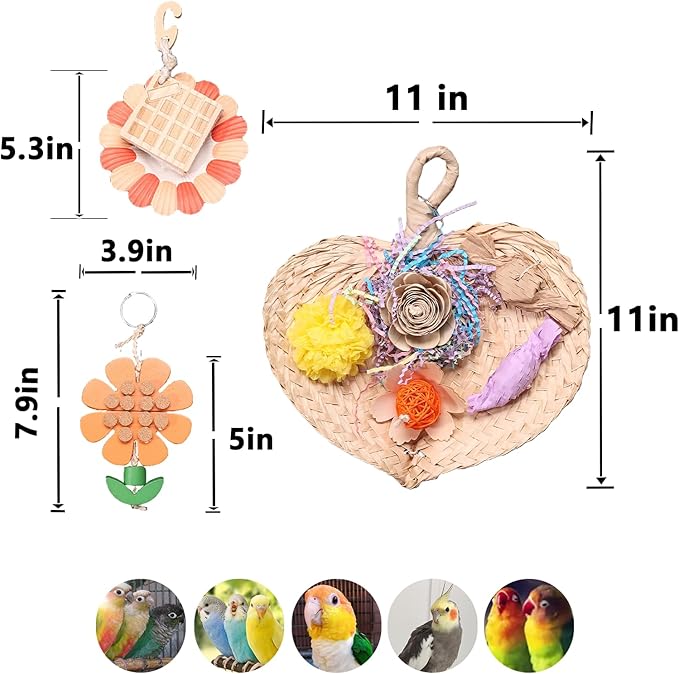 Parrot Chew Toys Set - Natural Wood & Loofah Toys with Plant-Based Dyes, 3 Pack Bird Chew Toys for Cockatiels, Conures & Small Parrots for Cage Enrichment (3 Pieces ofcolor Series)
