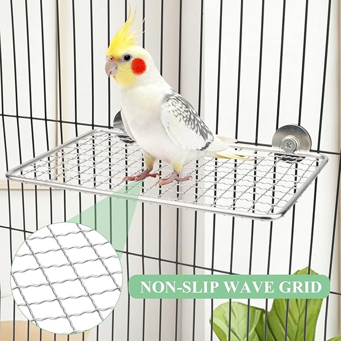 Hypeety 2pcs Stainless Steel Bird Perch Open-Grid Perch for Small and Large Parrots Claw-Friendly Grip Perch Easy Clean Cage Stand Bird Cage Platform for Budgies Cockatiels Conures Quakers Lovebirds