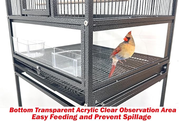Elegant Sturdy Wrought Iron Bird Parrot Flight Cage Front Door Side Nesting Doors Acrylic Clear Bottom Prevent Food Spillage Storage Shelf Removable Rolling Stand Lockable Wheels