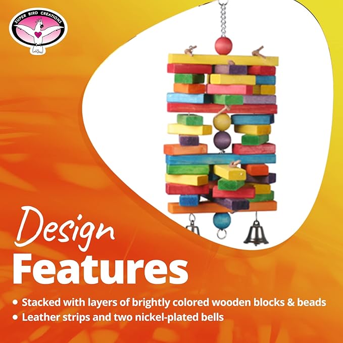 Super Bird Creations - SB477 XL Woodpile Bird Toy - Vibrant Bird Toys for Macaws, African Greys, Cockatoos, Eclectus, Parrots - Enriching Bird Toy with Chewable Elements - Large to XL Bird Size