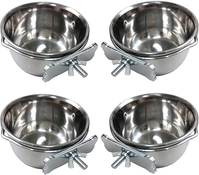 Four of 4-Inch No Rust Stainless Feeder Seed Water Food Replacement Cups with Adjustable Cage Holder for Bird Parrot Cage