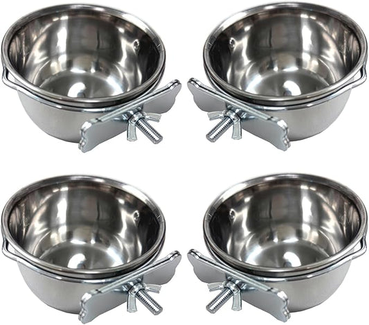 Four of 4-Inch No Rust Stainless Feeder Seed Water Food Replacement Cups with Adjustable Cage Holder for Bird Parrot Cage