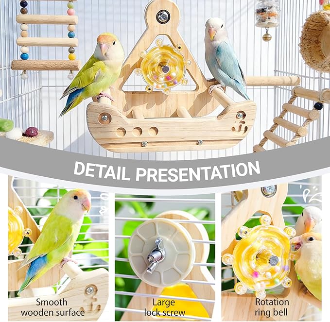 2 in 1 Interactive Bird Toys,Nature Wooden Swing Parrot Toys with Spinner Rattle Bell, Cockatiel Toy Bird Cage Accessories for Parakeets, Cockatiels & Conures etc (Free Size, Boat Style)