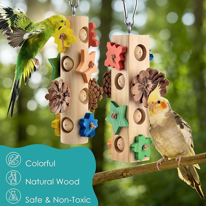 DBNESS Bird Toys for Parrot, 2 Pcs Hanging Colorful Wood Blocks Pine Cones Parakeet Chew Foraging Toy for Beak-Grinding, Cage Accessories for Small to Medium Budgies, Cockatiels, Caiques, Conures