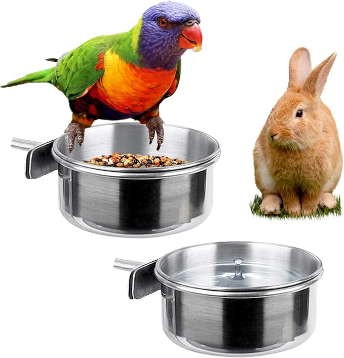 2pcs Parrot Food Bowl Bird Feeding Coop Cups Stainless Steel Water Dish Hanging Feeder for Conure Budgies Macaw Rabbit (A Set)