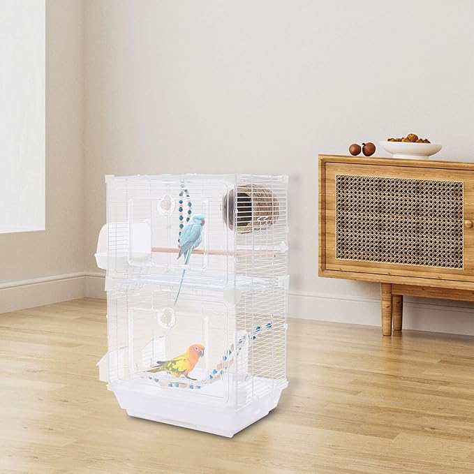 2-Door Wrought Iron Bird Cage Parakeet Cage with Handles, 25" H Parrot Cage Pet Birds Flight Cage w/Swing, 360° View Interactive Birdcages Bird House Travel Cages for 1-3 Birds (Transparent)