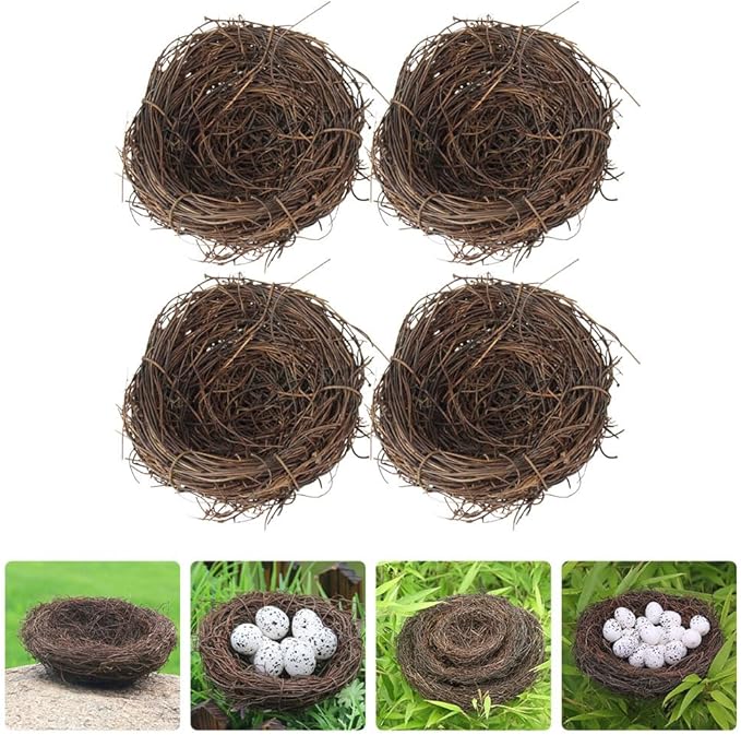 Ipetboom Artificial Bird Nest, 4pcs Imitated Bird Nest Birds Egg Nest Rattan Bird Nest Simulation Twig Bird Nest