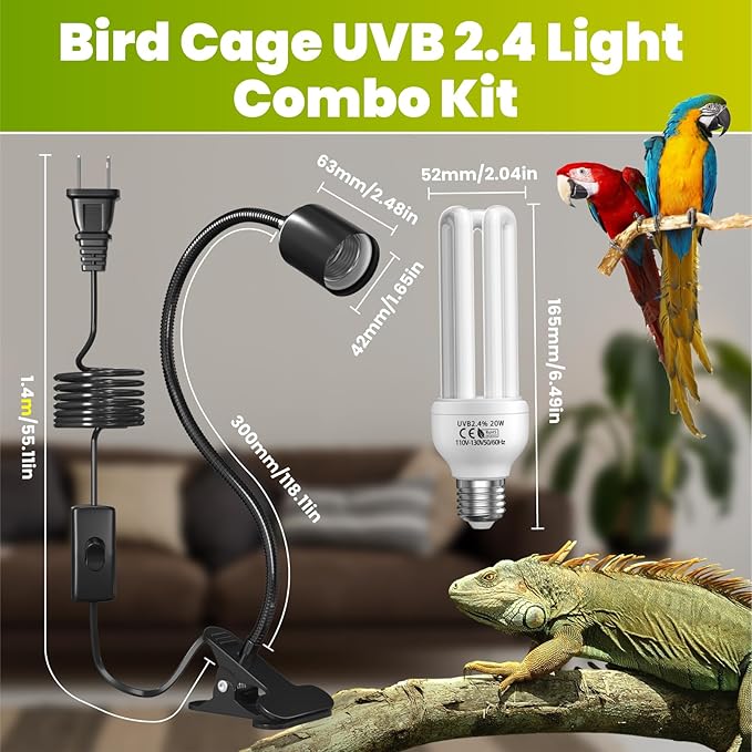 GlowUp Bird Cage Lighting Combo Kit, Clip Lamp with UVB 2.4 20W Compact Fluorescent Bulb for Bird, 360°Rotatable UVB Light for Captive Birds, Reptiles