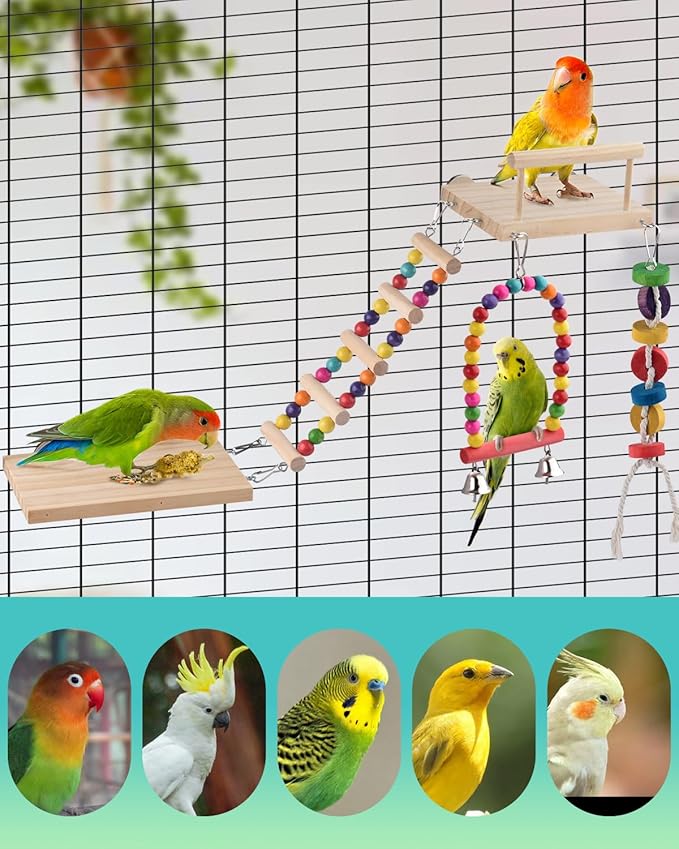 DBNESS 5in1 Bird Parakeet Toys, Detachable Birdie Perches Platform Swing with Climbing Ladder, Parrot Cage Stand Accessories, Wooden Playing Gyms for Conure Cockatiel Lovebird Finch Budgerigar Pigeon