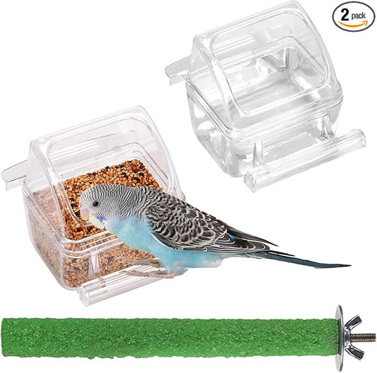 IBWell 2 Pack Clear Water Bowl and Food Container - Bird Cage Feeder With Perch for Parakeets - No Mess Design