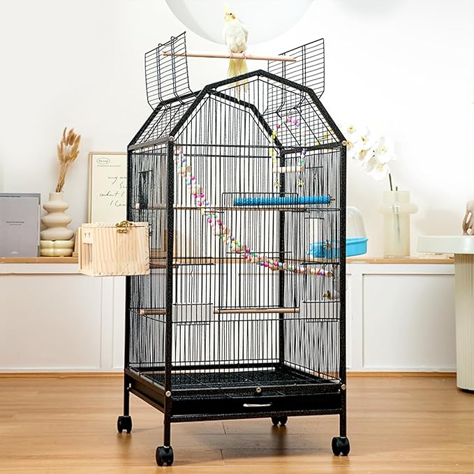 40inch Bird Cage with Rolling Wheels, Open-Top Parrot Cage Sturdy Iron Pet Bird Flight Cage Large Birdcage for Parrots Cockatiels Conure Budgie Canary (Black)