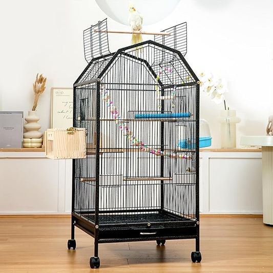 40inch Bird Cage with Rolling Wheels, Open-Top Parrot Cage Sturdy Iron Pet Bird Flight Cage Large Birdcage for Parrots Cockatiels Conure Budgie Canary (Black)