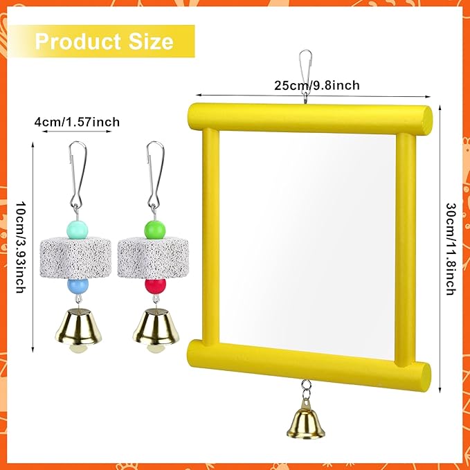 1 Pieces Chicken Mirror Toys Large 12 x 10 Inch Hanging Swing Mirror with Bell Wooden Pecking Toy and 2 Pieces Beak Grinding Molar Stones for Hens Birds Parrots Coop Roosters(Yellow)