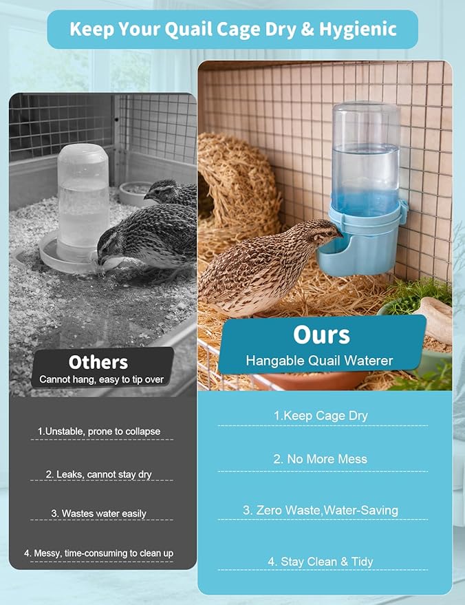 Quail Chick Waterer with Anti-Drowning Shallow Tray, 16.6 fl oz Automatic Gravity Button Quail Waterer, Hanging or Free-Standing Bird Water Dispenser for Wire Mesh Cages and Brooders (Blue)