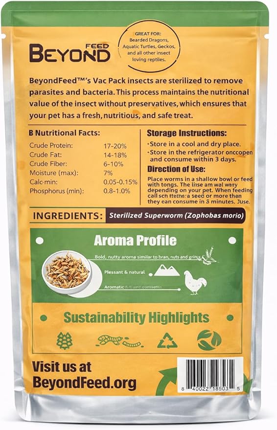 BeyondFeed™ USA Grown Freshly Preserved Vac-Pack Feeder Insects – Ready-to-Feed Protein Treats for Reptiles, Birds, Fish & Aquatic Turtles (Fresh Superworm-6 Pack Bundle 120g/ 4.23oz)