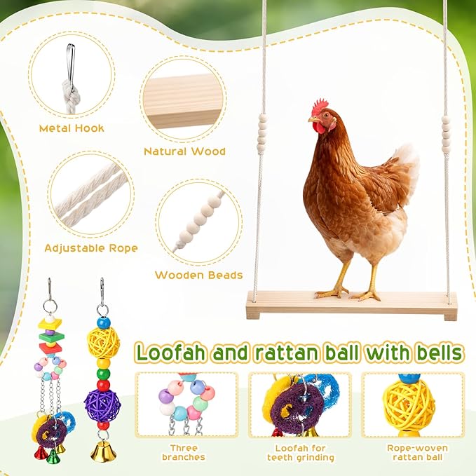 Soulchen 6 Pieces Chicken Toys for Coop Chicken Wind Chime Enrichment Toys Kits Chick Mirror with Bells Swing Hanging Chick Rattan Ball Loofah Bell for Coop Hens Chicks Poultry Birds Parrots
