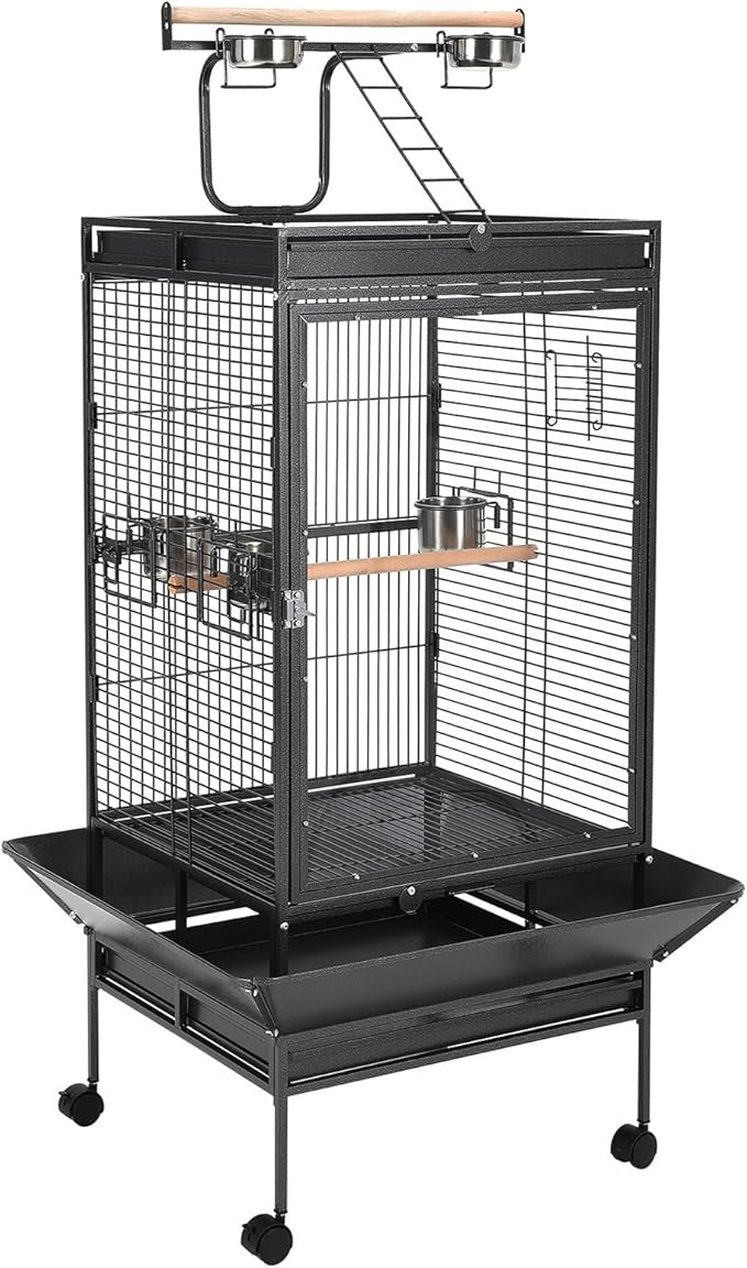 64.4" Tall Large Bird Cage, Metal Parrot Cage with Play Top, Rolling Stand & Bowls - Bird Aviary for Parrots, Conures, Cockatiels, Parakeets, Indoor Outdoor Aviary for Outside Porch Yard Garden