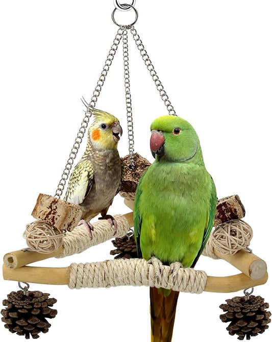 Large Bird Swing for Cage with Chew Toys, 3 Sisal-Wrapped Bird Perches & Stable Triangle Design, Wooden Hanging Quaker Toy Swing for Medium-Sized Bird Cockatiel Ring-Necked Caique Balance Training (L)