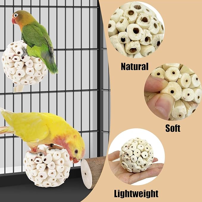 6-in-1 Bird Toy, 2 Natural Wood Stands, 1 Hanging Foraging Shredder Toys with Colorful Paper, 2 Soft Sola Balls for Chewing | Cage Accessories for Parakeets, Cockatiels, Lovebird(PET-ONLY USE)
